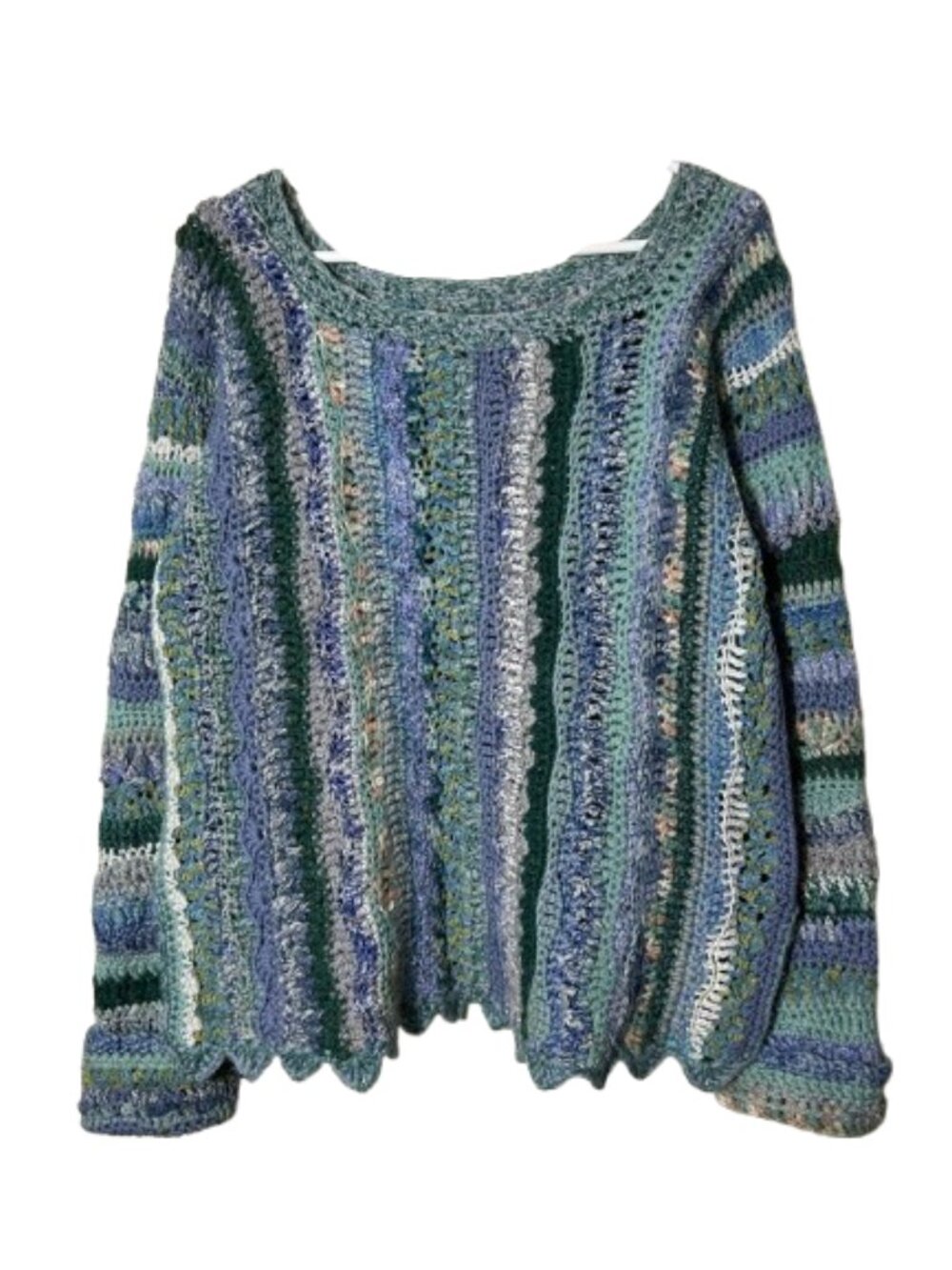 Handmade Crochet blue green multicolor sweater womens M art to wear ooak